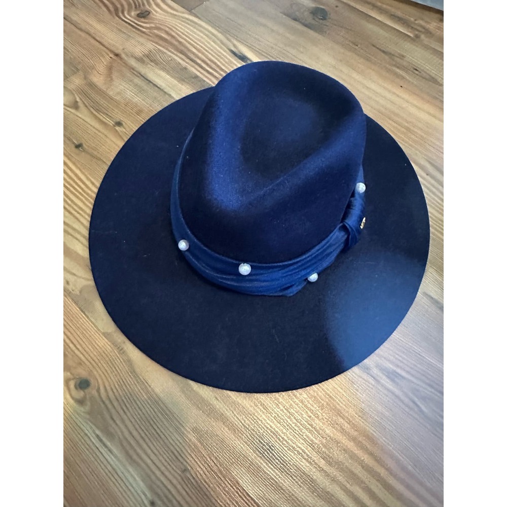 NEW Anthropologie  Lele Sadoughi Farrah Wool Pearl Rancher Hat One Size Navy - Picture 5 of 9
